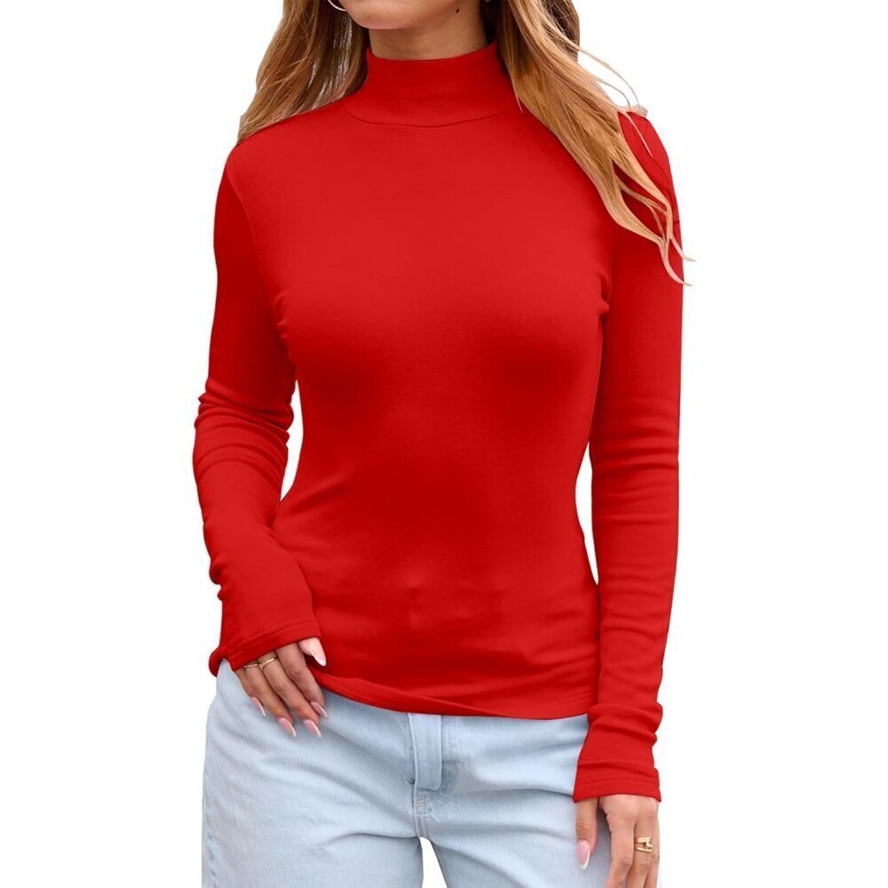 Womens Long Sleeve T Shirt Knit Slim Fit Mock Turtle Neck Casual Top